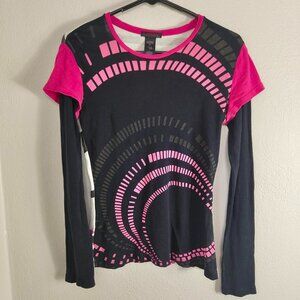Y2K 2000s Custo Barcelona Cyber Abstract Euro Layered Long Sleeve Top Black Pink